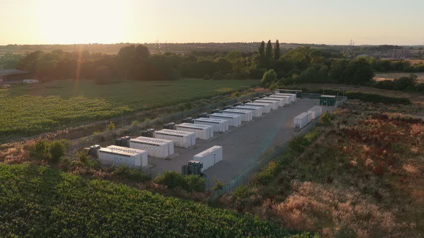 Aerial view of a Battery Energy Storage system facility with many large units set in an open rural field during the golden hour of a sunset