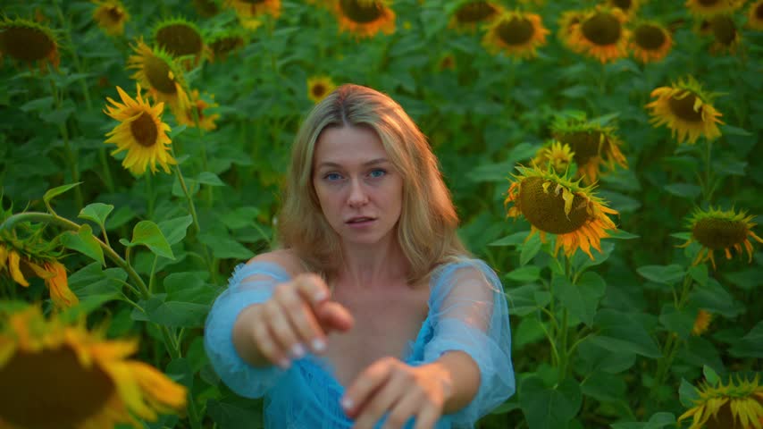 Woman stands amid tall sunflowers, arms outstretched. She smiles warmly, eyes bright with joy. Sunlight bathes her blue dress, enhancing the golden field. Perfect for nature, travel
