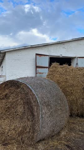 Large round hay bales are placed beside a rustic barn with open doors, set against a backdrop of a partly cloudy sky in a tranquil rural setting