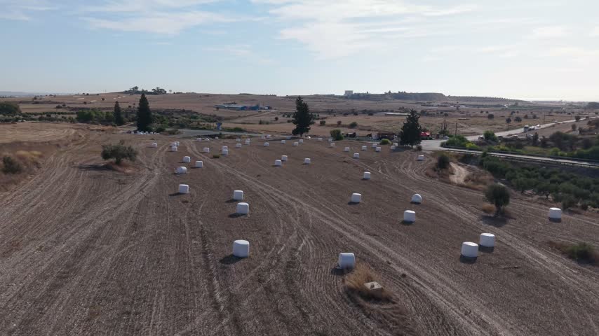 Aerial view of wrapped hay bales scattered across a harvested agricultural field in Cyprus, with olive trees, rural roads and dry countryside stretching toward the horizon