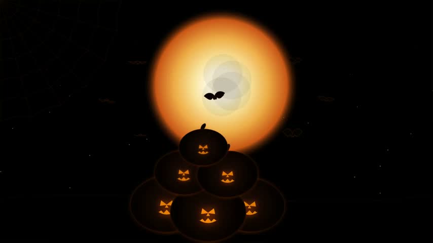 A spooky Halloween illustration featuring a pyramid of carved pumpkins with glowing faces set against a bright orange moon and a dark, starry night sky.