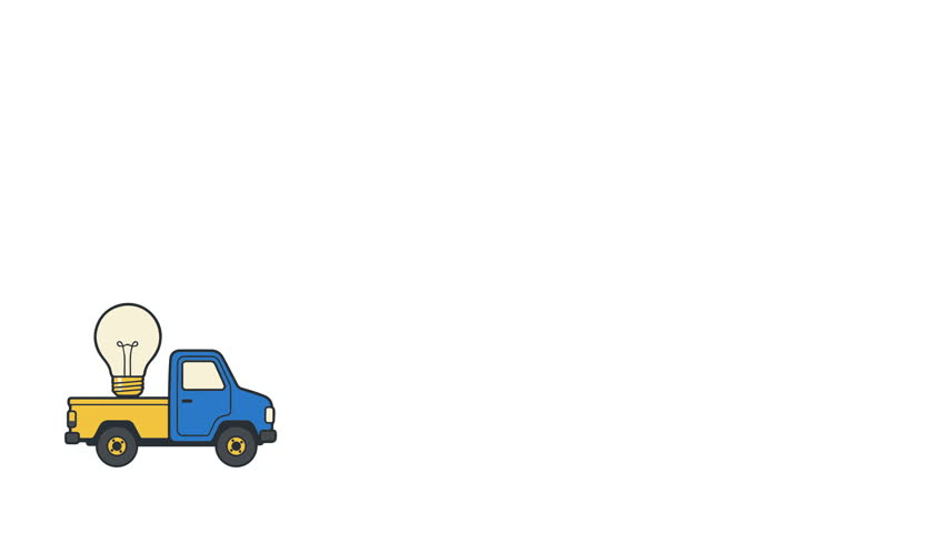 A small blue and yellow pickup truck carrying a glowing light bulb icon.