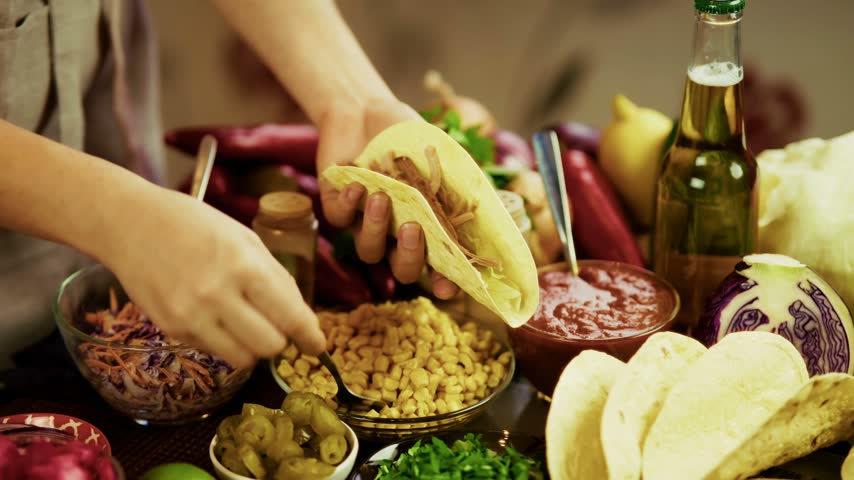 Tasty Mexican Tacos Filled Meat. Homemade American Soft Shell Beef Tacos. Mexican Food Burrito. Tortilla Fast Food. Mexican Pork Carnitas Tacos Fajitas. American Taco Salsa Corn Tortilla Carne Asada