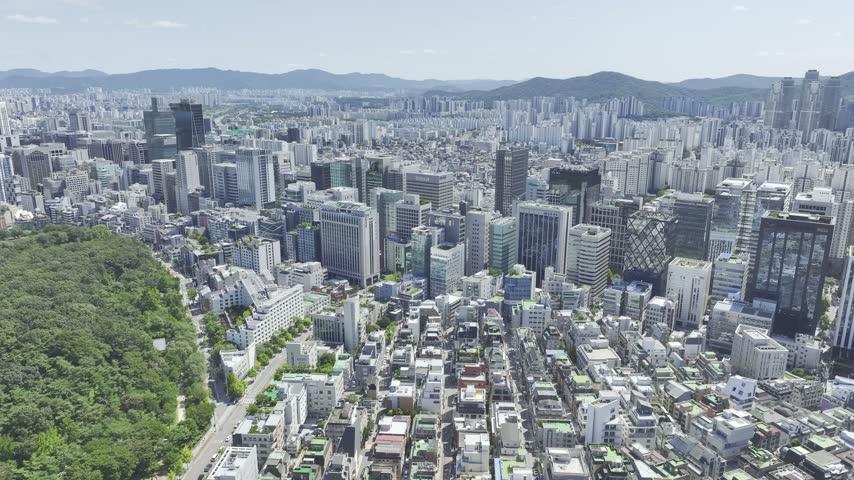 Aerial View of Office Buildings and Gangnam Cityscape near Seonjeongneung Station in Seoul, South Korea