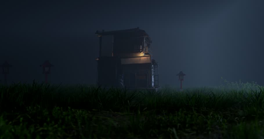 Traditional japanese two story wooden shop in dark grassy field with flickering warm light and wooden lanterns at night