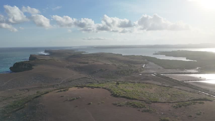 Aerial view of a rugged coastal landscape with hills, ocean, and a bay under a cloudy sky.