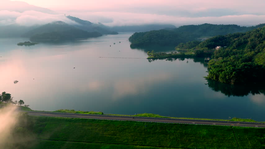 Aerial view Landscape of Sun Moon Lake at sunrise in Taiwan.