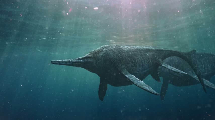 Prehistoric ichthyosaur ichthyosaurus swimming deep in the ocean, ancient marine reptile.