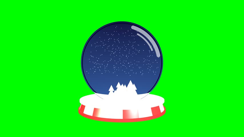 Seamless 8-second 4K loop of a stylized vector-art snowglobe on a greenscreen. Features a rotating red and white striped base, centralized white silhouette trees, swirling snow, and perfect glass