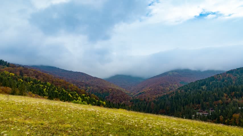 Highland with forestry hills and meadow under heavy clouds
