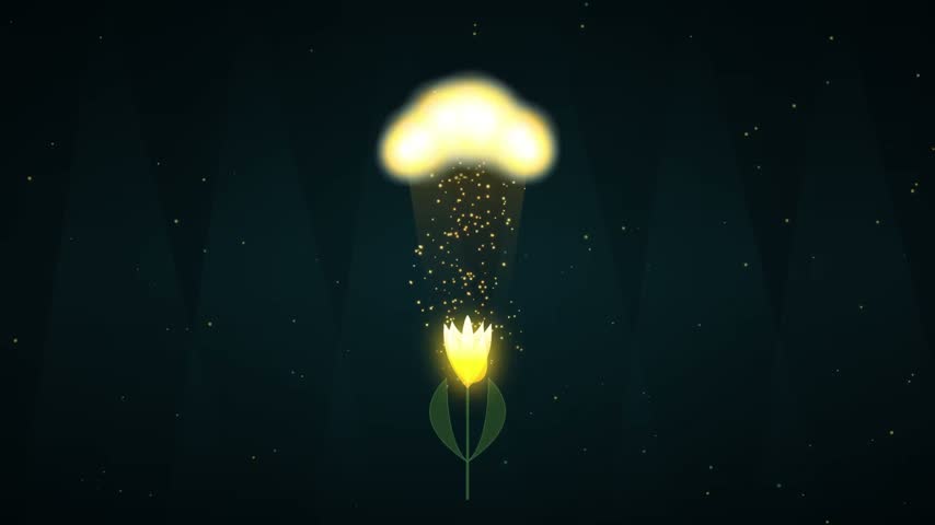 Whimsical cartoon yellow flower blooming under a magical glowing cloud raining golden particles
