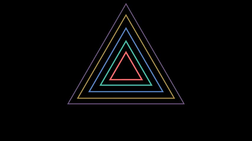 Nested colorful triangle outlines rotating in orbit on a black background. Full HD vector motion graphic for geometric, technology and science themed visuals.