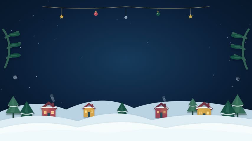 Snow falls over a colorful paper-cut village with evergreen trees and hanging ornaments beneath a dark blue sky.