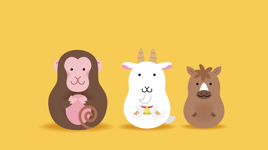 Cute zodiac monkey, goat and horse. Chinese zodiac cartoon animation to celebrate New Year of the Monkey.