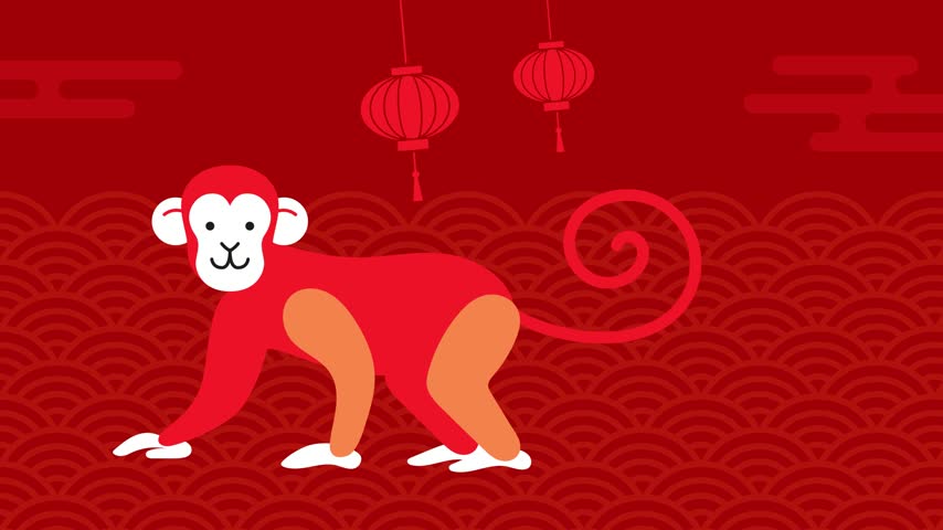 Minimalist New Year of the Monkey animation video. Cute zodiac monkey with hanging lanterns decorations.