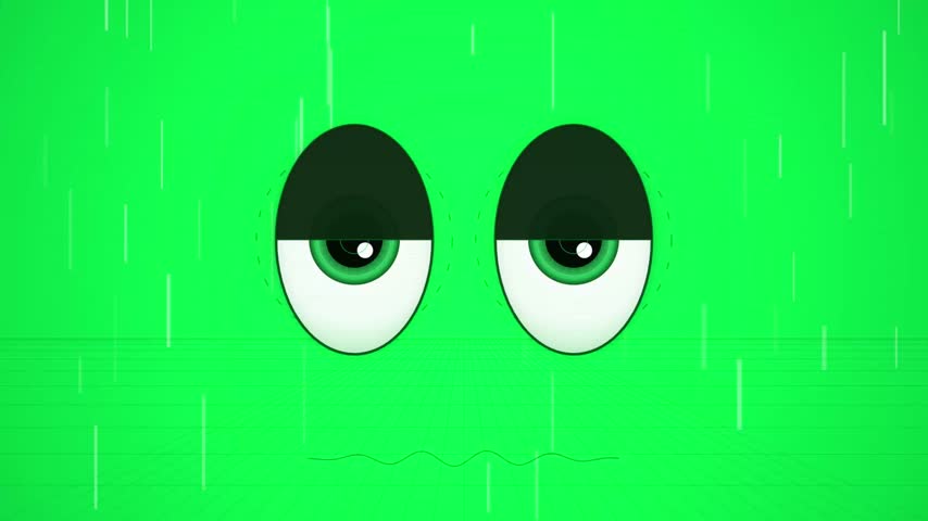 Sad cartoon face with tired green eyes and rain background