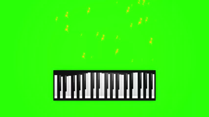 Piano keyboard with floating musical notes on green screen background