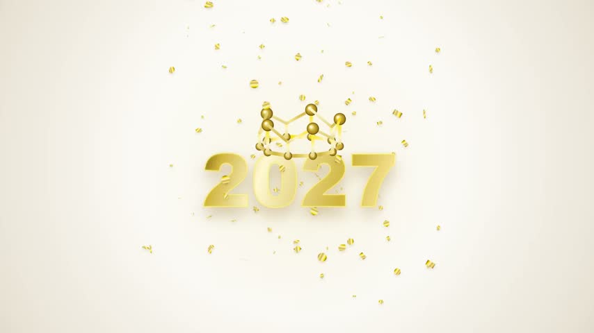 A festive 3D golden 2027 year sign decorated with a crown and scattered confetti, celebrating the upcoming new year on a clean white background.