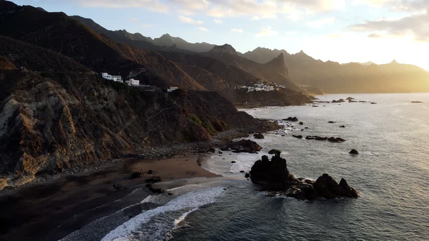 The cliffside village catches a last trace of colour as the Anaga sunset sequence draws to a close on Tenerife. Village and coastline together in the day