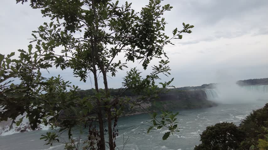 Walking under young oaks on the Canadian bank of the Niagara gorge, looking across at the Rainbow Bridge, the American Falls, the Observation Tower and tour boats on the river