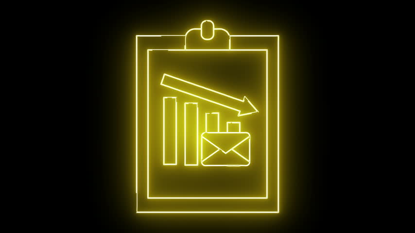 A yellow neon document on a black background with a downward trend graph and email symbol