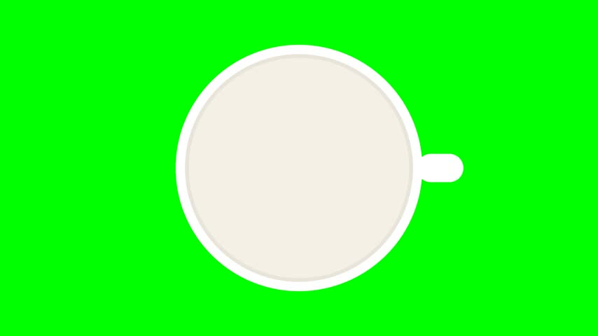 A top view white coffee cup fills with swirling liquid coffee showing thin rotating crema lines and pour ripples then drains and resets in a looping twelve second cycle on a green screen.