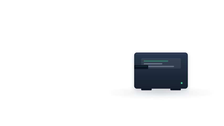 A white credit card slides into a dark blue payment terminal on a clean white background, showing a contactless transaction animation.