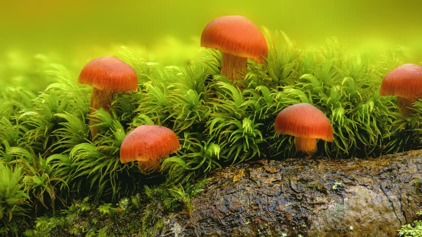 Mushrooms filmed in their natural habitat. High-resolution macro video.
