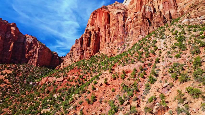 Scenic winding road curves through the panoramic rock rim formations of Zion National Park