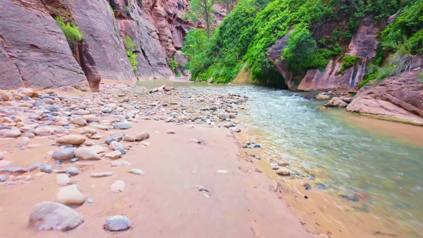 Virgin River flows scenically through the iconic Narrows trail canyon in Zion National Park
