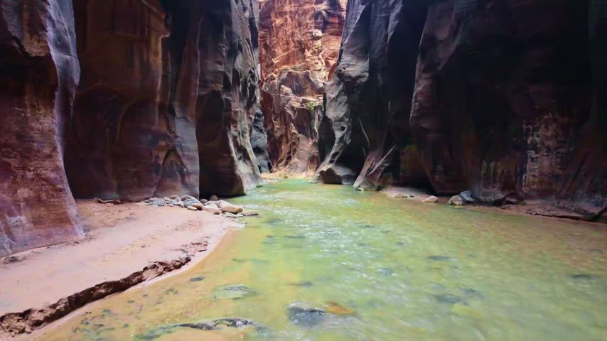 Golden sunrise light glows through the iconic Narrows trail along the Virgin River in Zion National Park