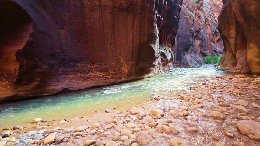Golden sunrise light glows through the iconic Narrows trail along the Virgin River in Zion National Park