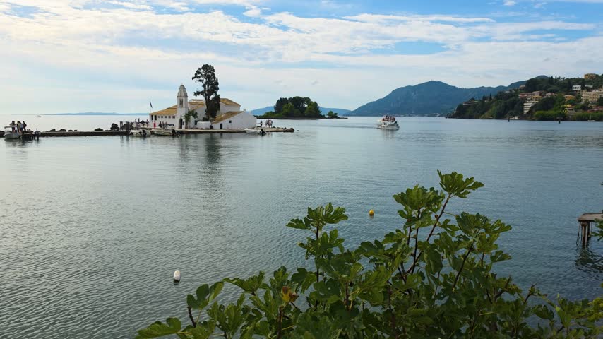 Panoramic View of Vlacherna Monastery and Mouse Island in Kanoni Bay, Corfu Island, Greece