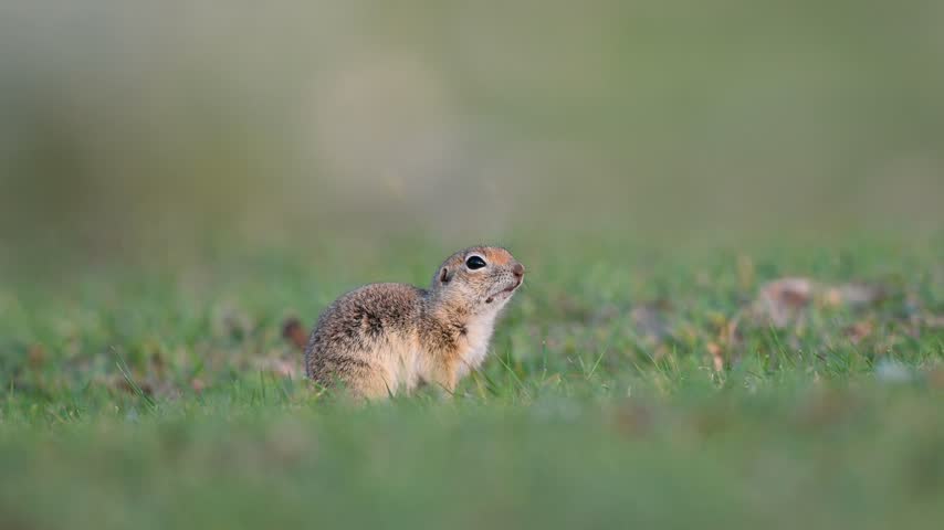 A nature photography shot of an adorable Anatolian ground squirrel (Spermophilus xanthoprymnus) watching its surroundings with curiosity on the green grass.	
