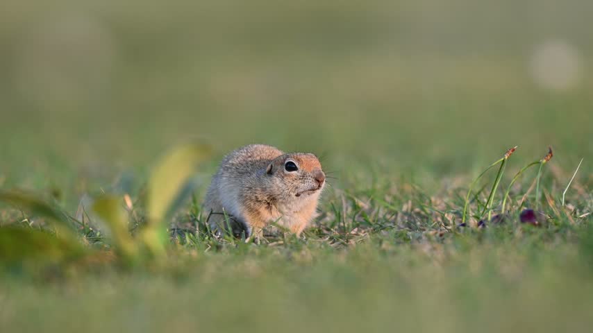 A nature photography shot of an adorable Anatolian ground squirrel (Spermophilus xanthoprymnus) watching its surroundings with curiosity on the green grass.	
