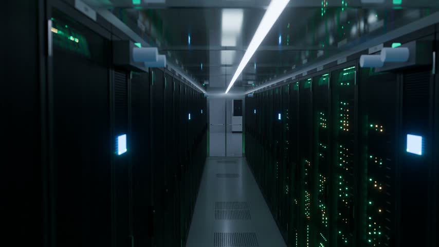 Smooth forward dolly move down a modern data center corridor past humming server racks with green and blue indicator lights leading to bright doors