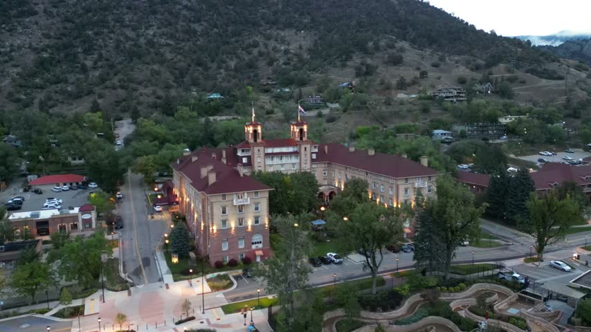 Hotel Colorado and Glenwood Hot Springs in Glenwood Colorado drone aerial