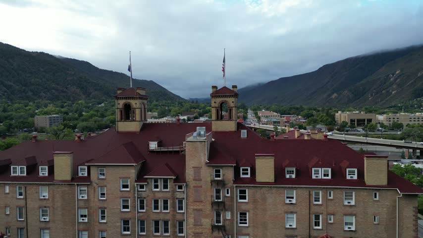Hotel Colorado and Glenwood Hot Springs in Glenwood Colorado drone aerial