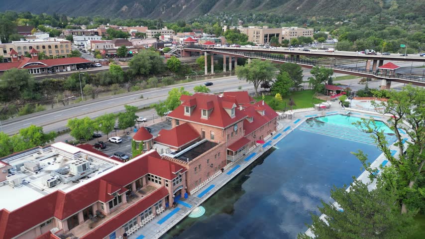 Hotel Colorado and Glenwood Hot Springs in Glenwood Colorado drone aerial