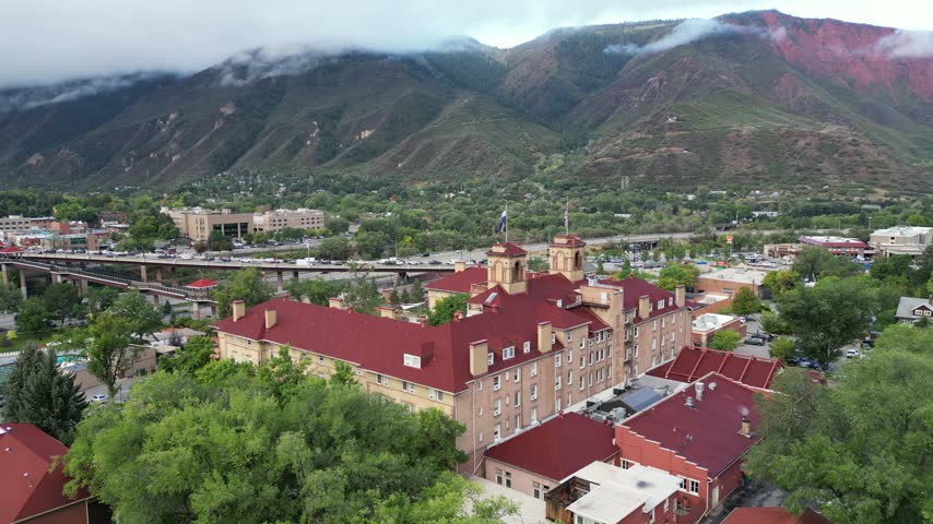 Hotel Colorado and Glenwood Hot Springs in Glenwood Colorado drone aerial