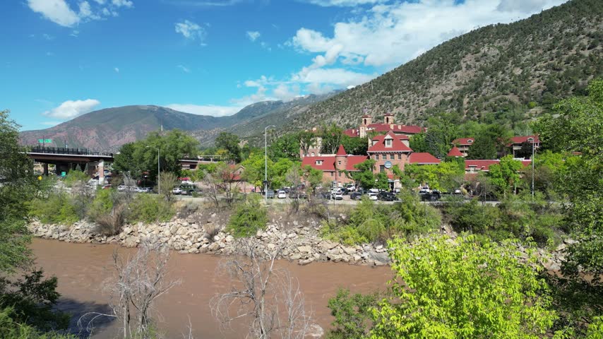 Hotel Colorado and Glenwood Hot Springs in Glenwood Colorado drone aerial