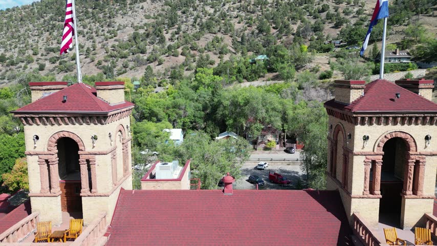 Hotel Colorado and Glenwood Hot Springs in Glenwood Colorado drone aerial