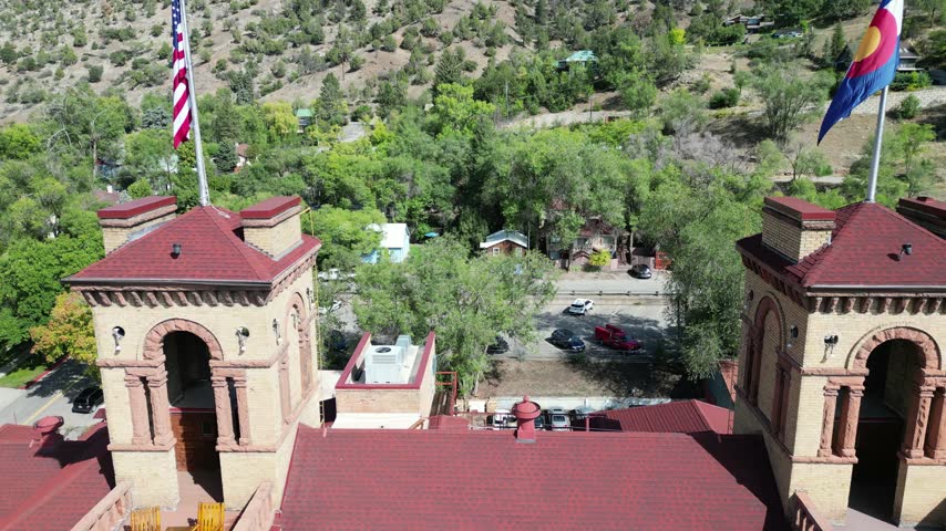 Hotel Colorado and Glenwood Hot Springs in Glenwood Colorado drone aerial