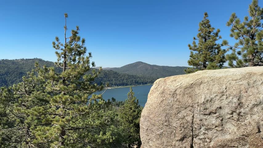 Big Bear Lake Scenic View with Pine Trees and Mountains, California