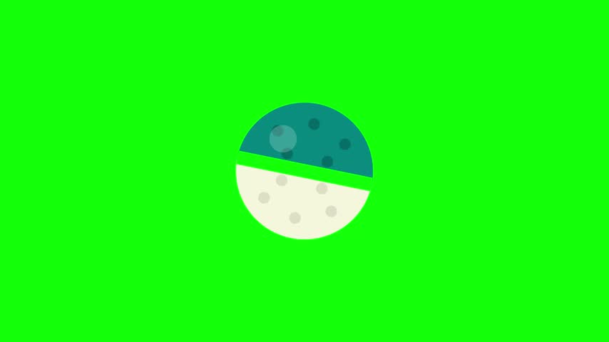 A high-quality 2D vector illustration featuring a stylized, circular character animation icon. The design consists of teal and white semi-circles with decorative spots and a central yellow oval element, reminiscent of a bird or creature. Set against a vibrant green background, this minimalist asset is perfect for motion design, game interfaces, and modern web application graphics.