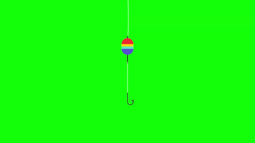 This digital animation icon illustrates a classic fishing setup, complete with a multi-colored striped float and a single fishing hook attached to a thin white line. Set against a vibrant chroma key green background, this asset is specifically designed for motion designers and video creators who need a clean, stylized fishing element that can be easily keyed out and integrated into various outdoor, leisure, or hobby-themed projects.