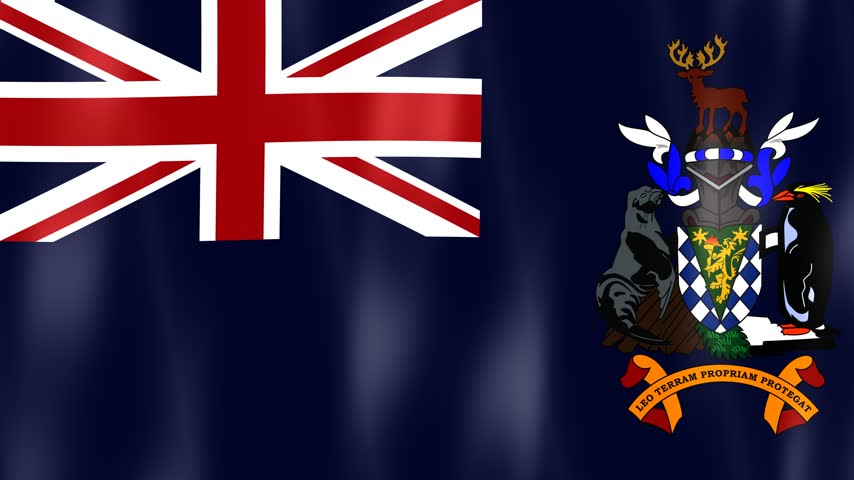 Digital graphics of the waving flag of South Georgia and the South Sandwich Islands, featuring the Union Jack and the territory