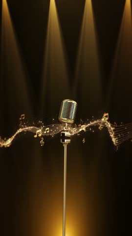 Gold microphone sits flowing musical notes, sparkling particles bright stage lights. live music, singing competitions, concerts, talent shows, award events, podcast intros, radio program promotions.
