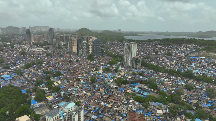 top view of Mumbai urban landscape with dense housing with mangroves 