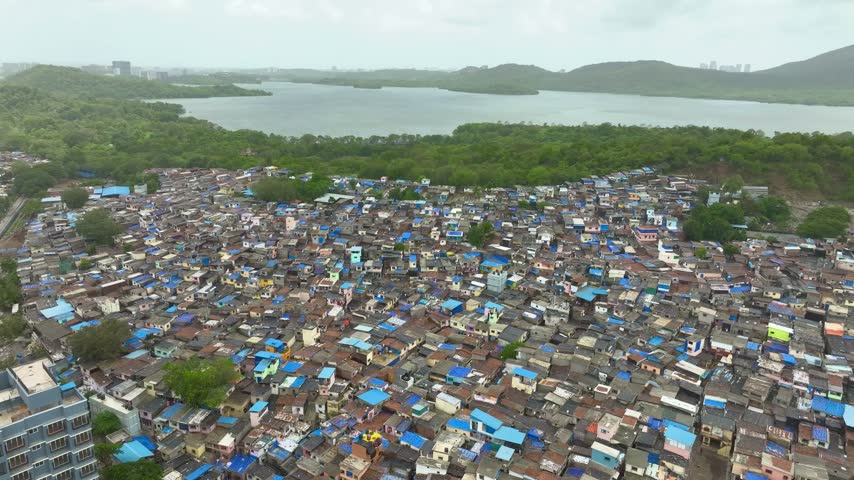 top view of Mumbai urban landscape with dense housing with mangroves 